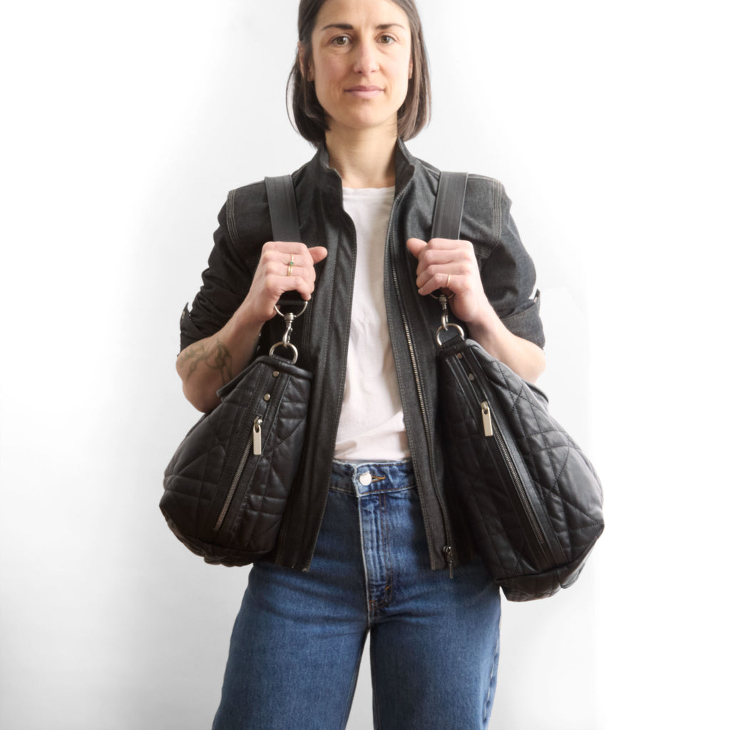 model wearing boho e+w dz medium on left and large on right 