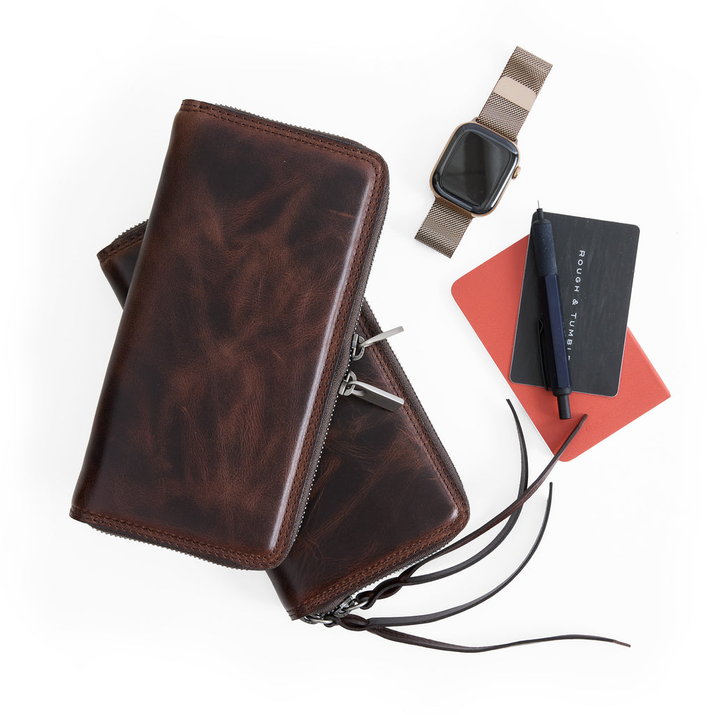 wallets in lambrusco - one with italian metal pulls and one with woven leather pulls